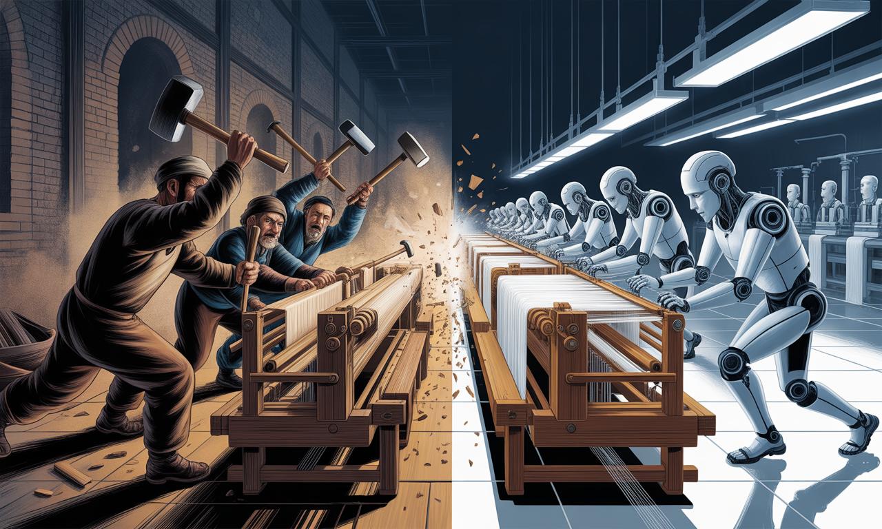 Contrast tussen historische Luddieten die weefgetouwen vernietigen en moderne robots die werken aan computers